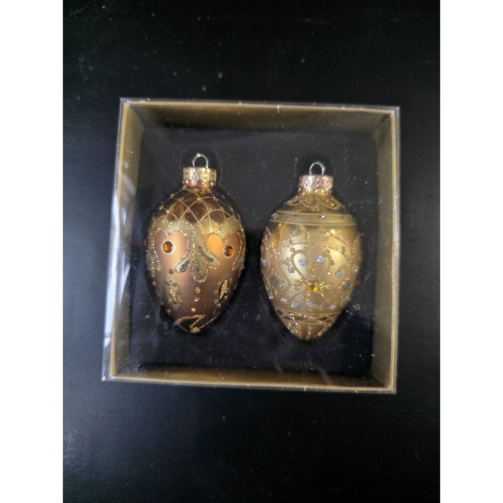🎄New VINTAGE (2) BlownGlass CHRISTMAS Egg Ornaments GOLD Rhinestone/Glitter NiB